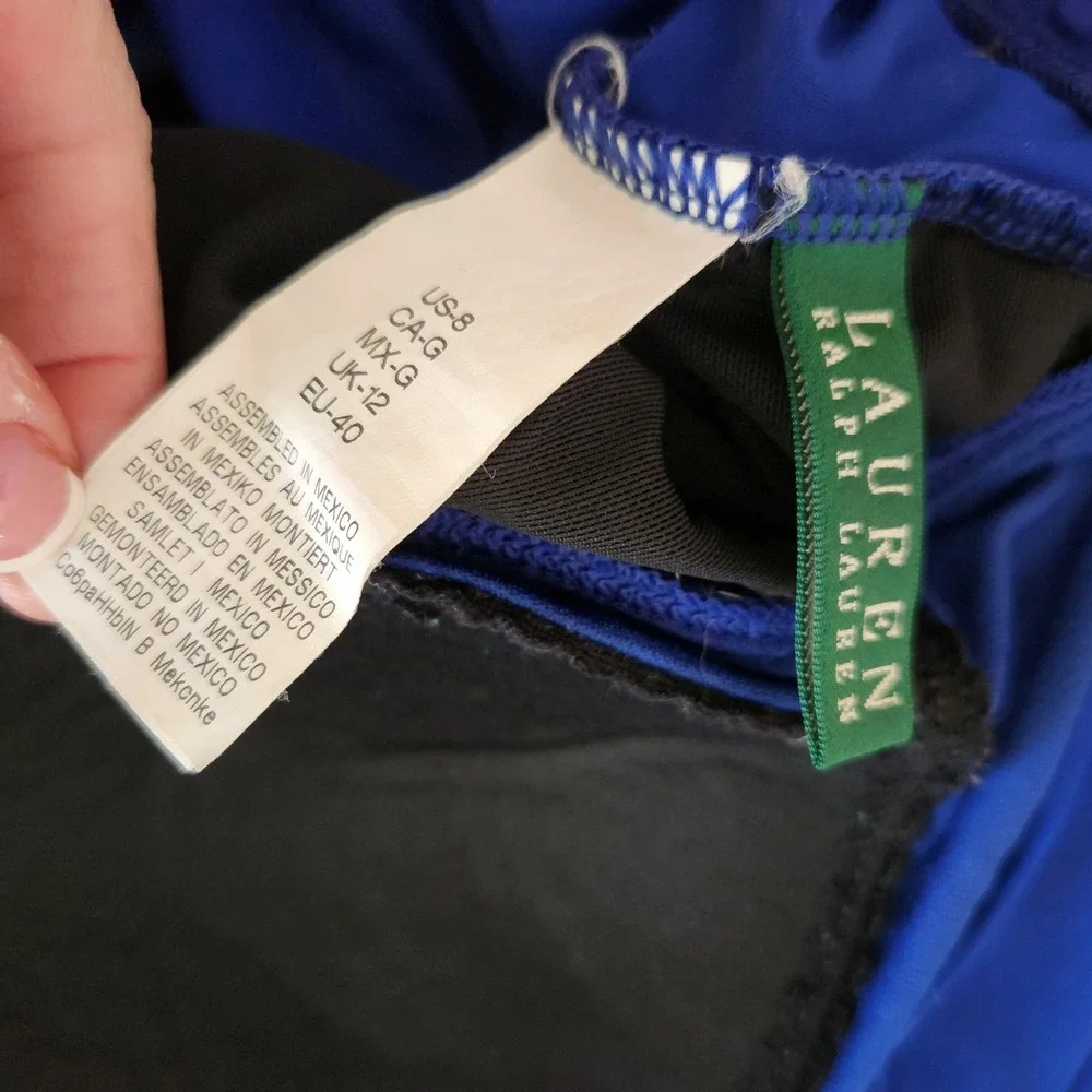 Lauren Ralph Lauren Blue Ruched V-Neck One‎ Piece Swimsuit Size 8
